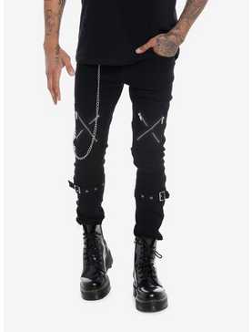 Black Zipper Buckle Stinger Jeans, , hi-res