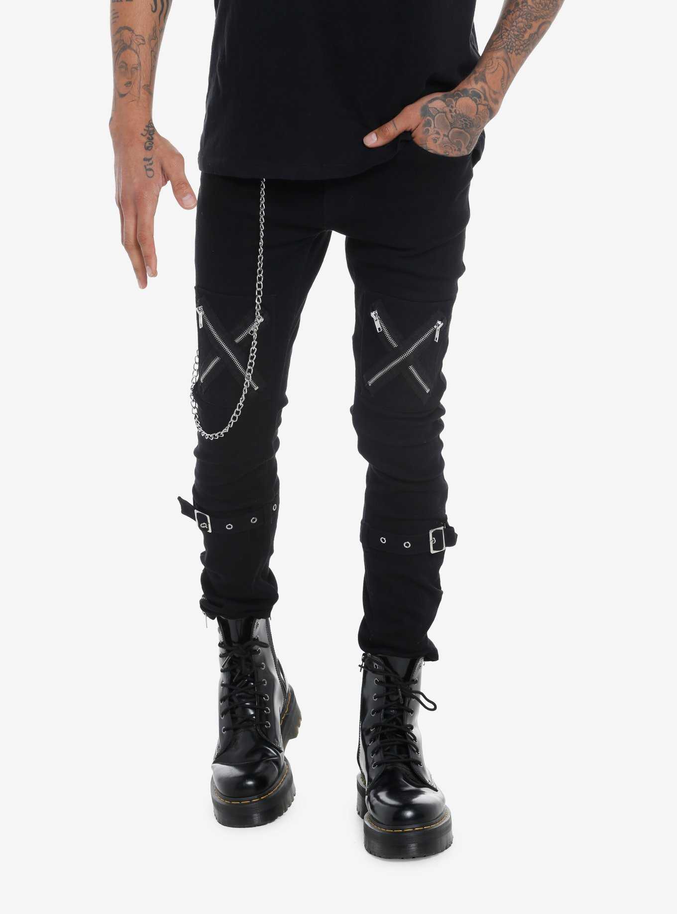Black Zipper Buckle Stinger Jeans, , hi-res