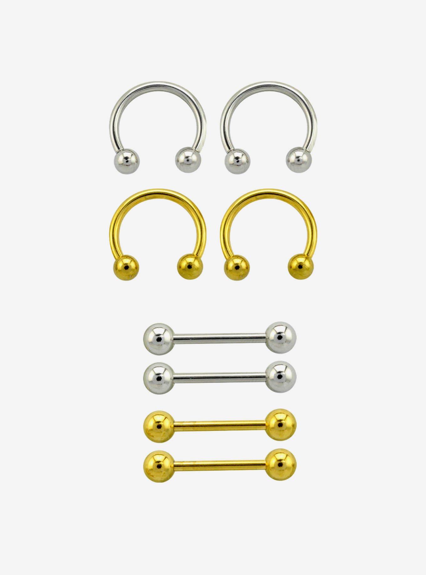 14G Steel Silver & Gold Nipple Barbell & Circular Barbell 8 Pack Hot