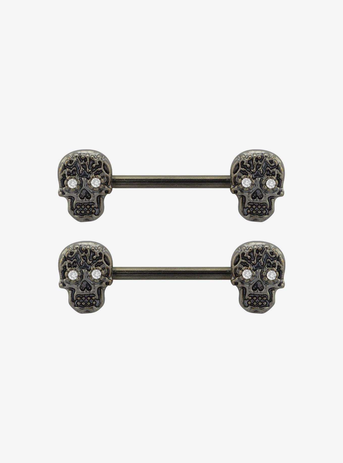 14G Steel Skull Bling Nipple Barbell 2 Pack, , hi-res