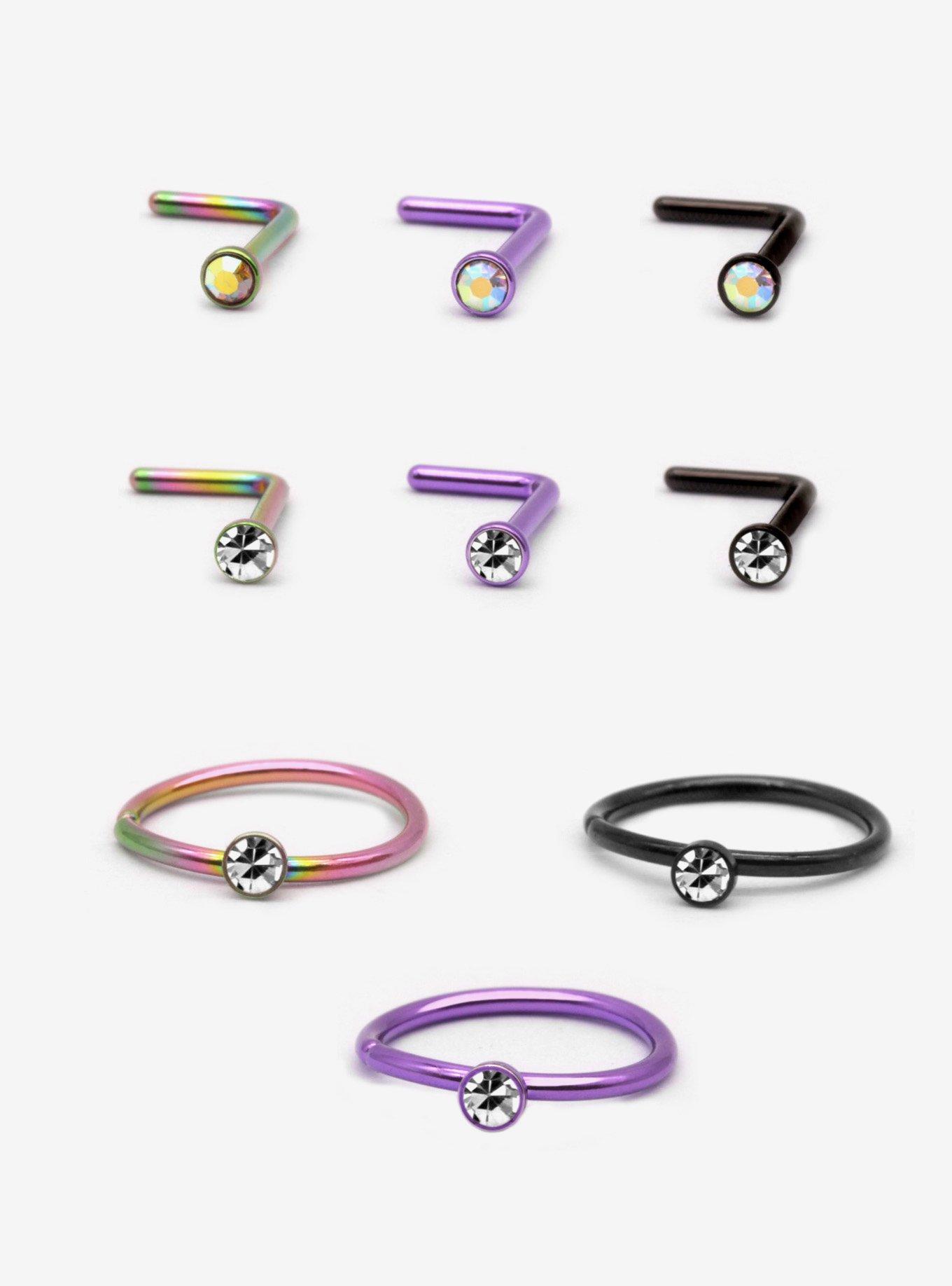 Steel Iridescent Gem Nose Stud & Hoop 9 Pack, MULTI, hi-res