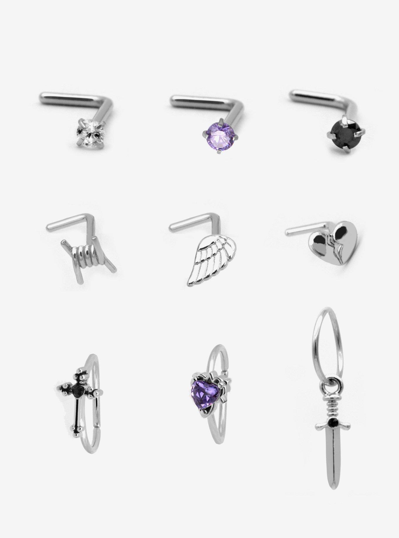 Steel Broken Heart Nose Stud & Hoop 9 Pack, , hi-res