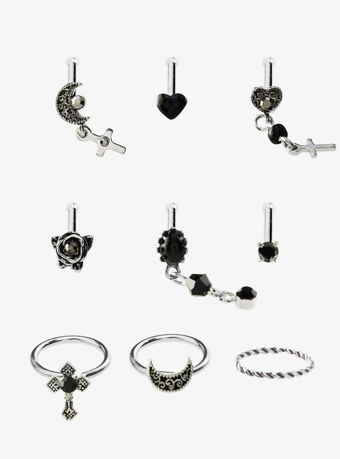 Steel Gothic Heart Cross Nose Stud & Hoop 9 Pack, , hi-res