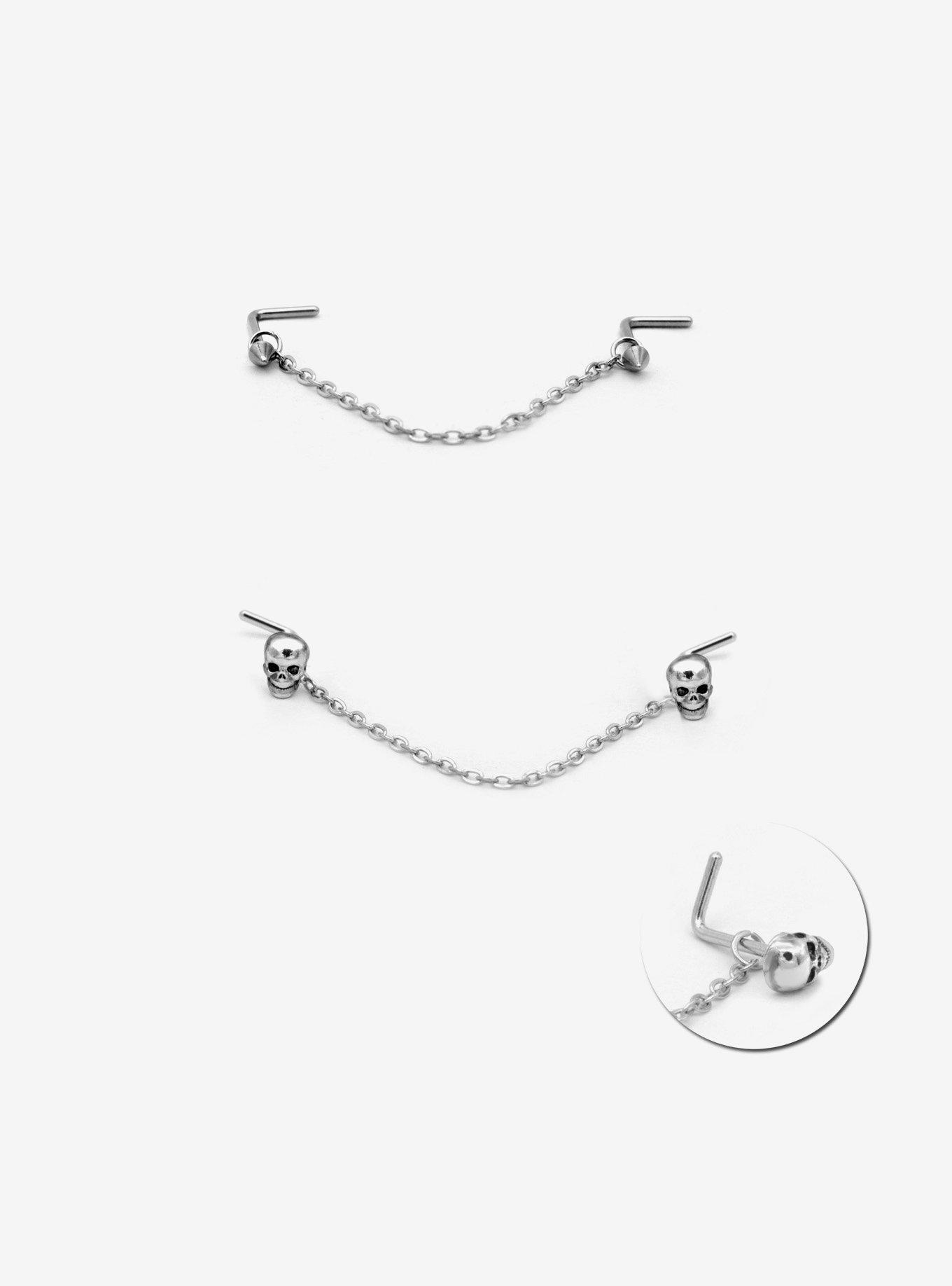 Steel Skull Spike Chain Double Nose Stud 2 Pack, MULTI, hi-res
