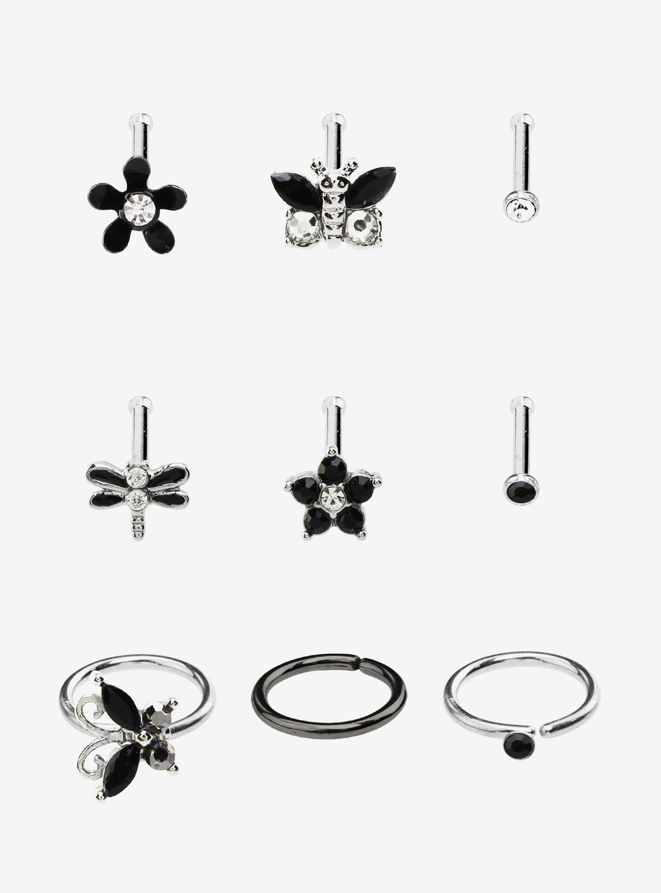 Steel Butterfly Flower Nose Stud & Hoop 9 Pack, , hi-res