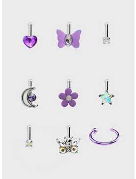 Steel Silver Purple Butterflies Nose Stud & Hoop 9 Pack, , hi-res