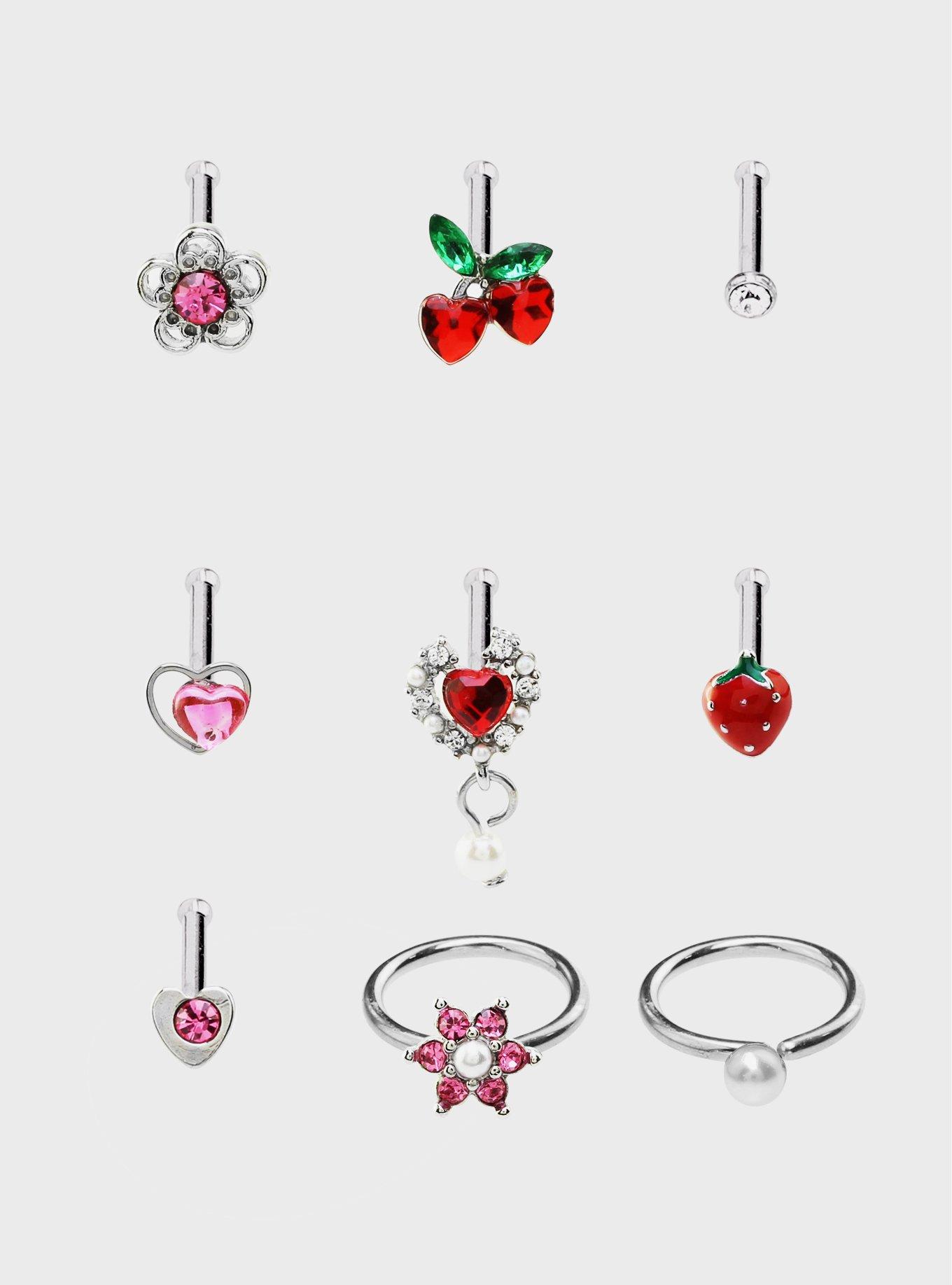 Steel Silver Hearts & Fruits Nose Stud & Hoop 9 Pack, SILVER, hi-res