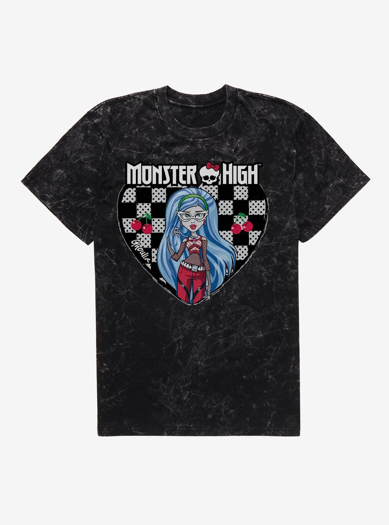 Monster High Ghoulia Yelps Checkerboard Heart Mineral Wash T-Shirt, BLACK MINERAL WASH, hi-res