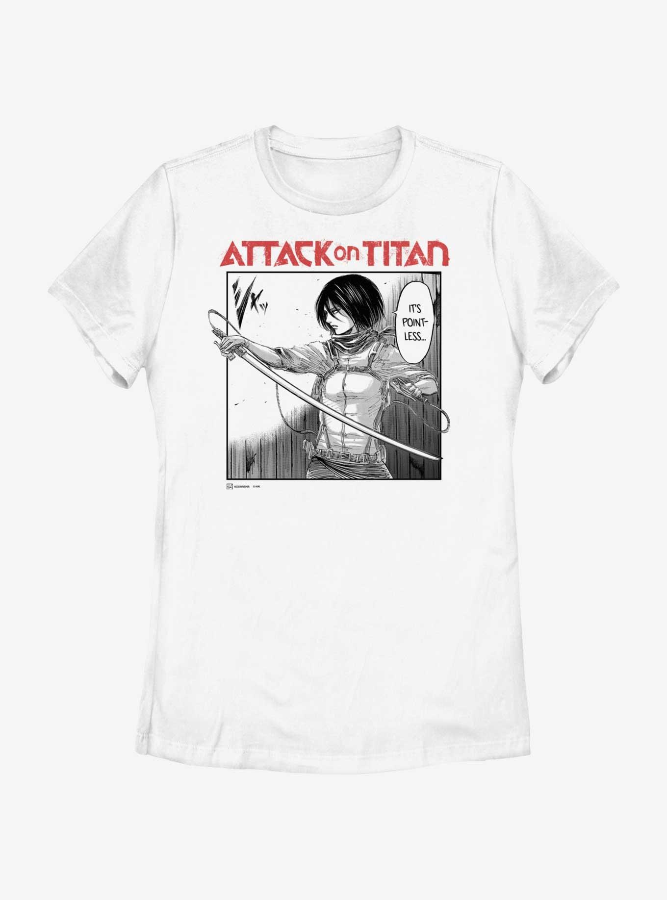Attack on Titan Mikasa It's Pointless Manga Womens T-Shirt BoxLunch Web Exclusive, WHITE, hi-res
