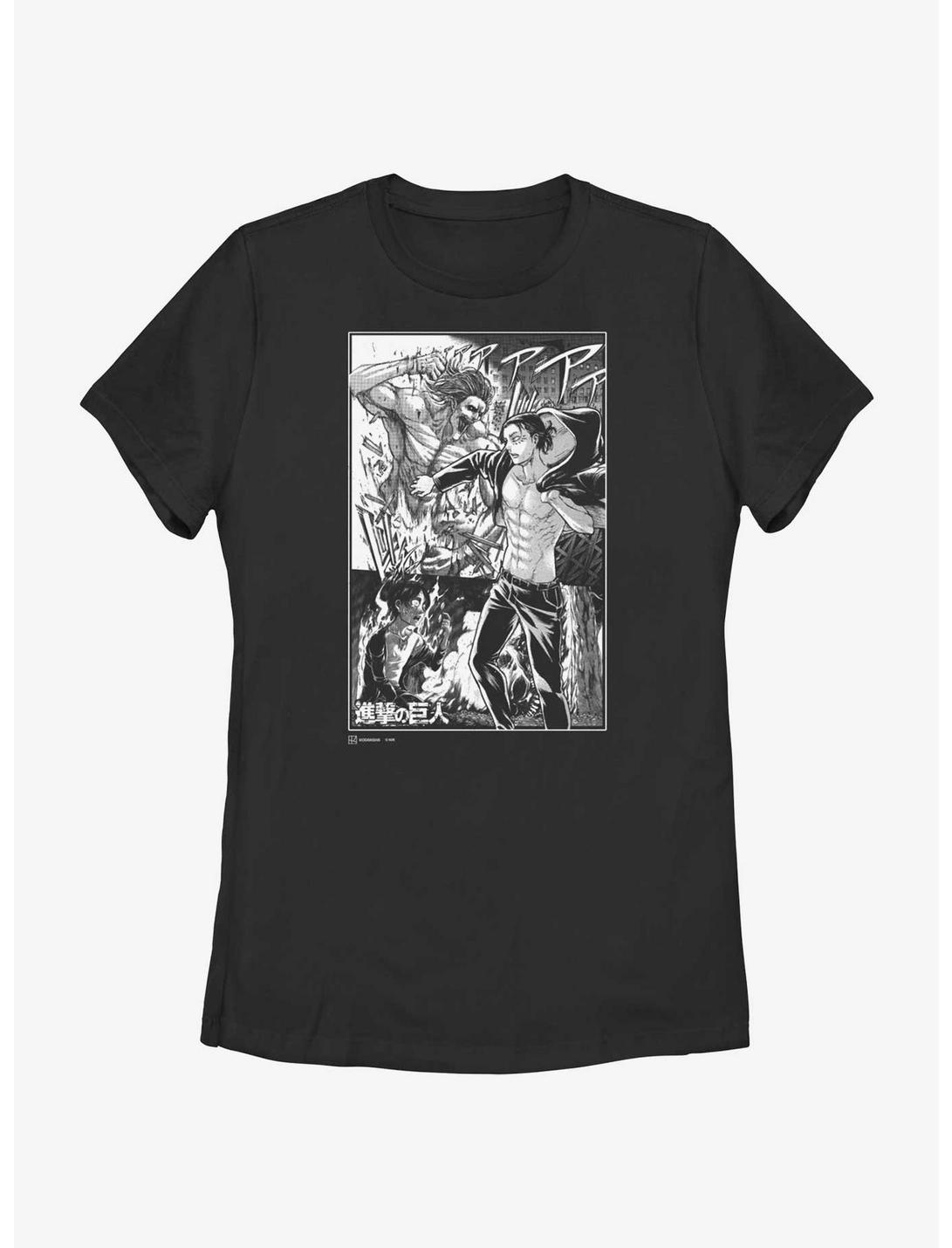 Attack on Titan Eren Yeager Manga Collage Womens T-Shirt, BLACK, hi-res
