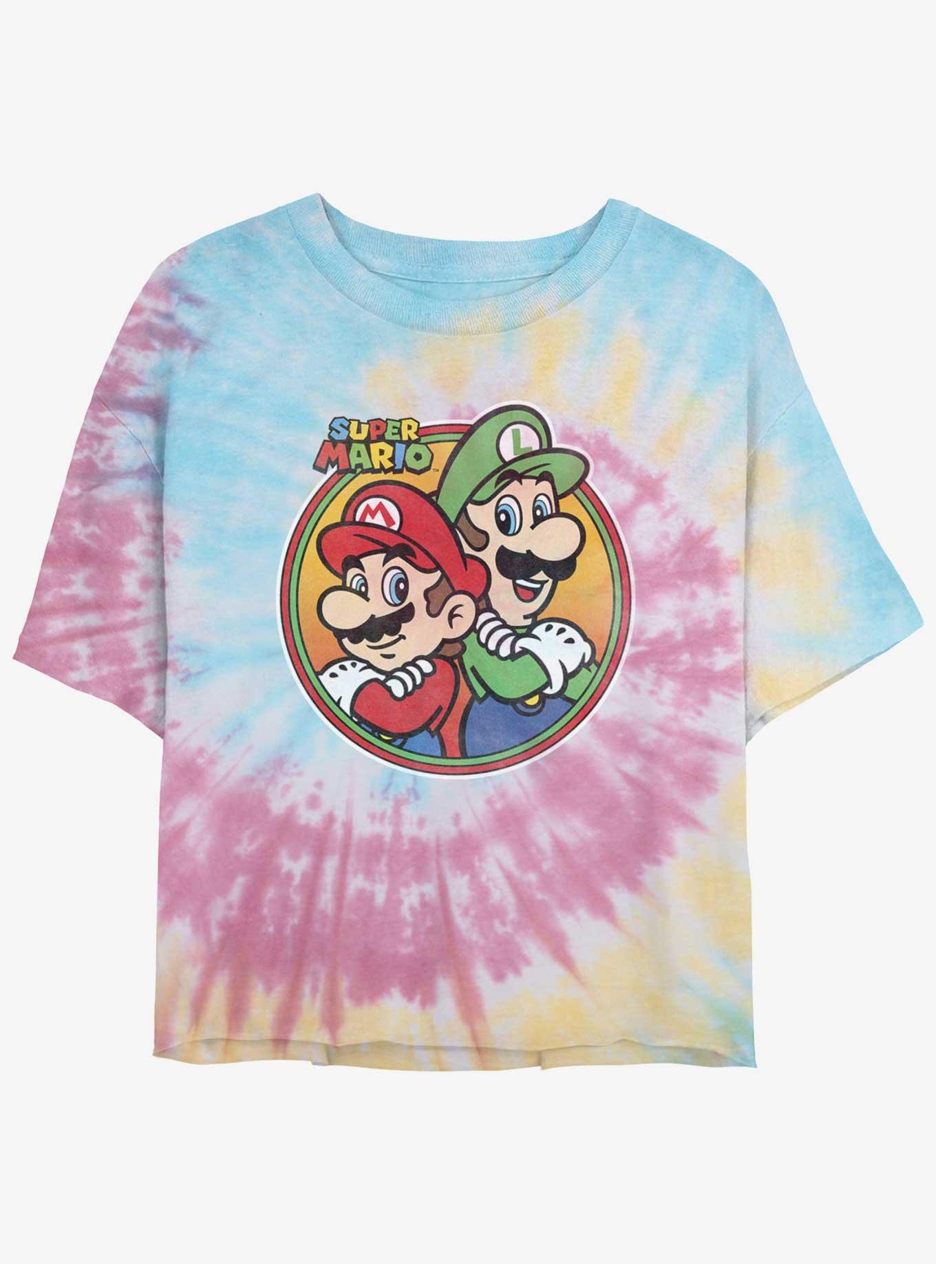 Nintendo Mario Mario and Luigi Badge Tie-Dye Girls Crop T-Shirt, BLUPNKLY, hi-res