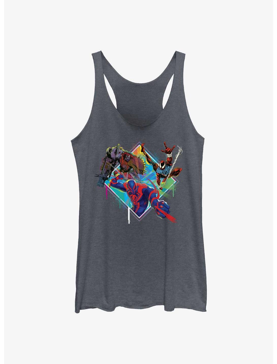 Marvel Spider-Man: Across The Spiderverse Trio Cyborg Scarlet Spider and Miguel O'Hara Badge Womens Tank Top, NAVY HTR, hi-res