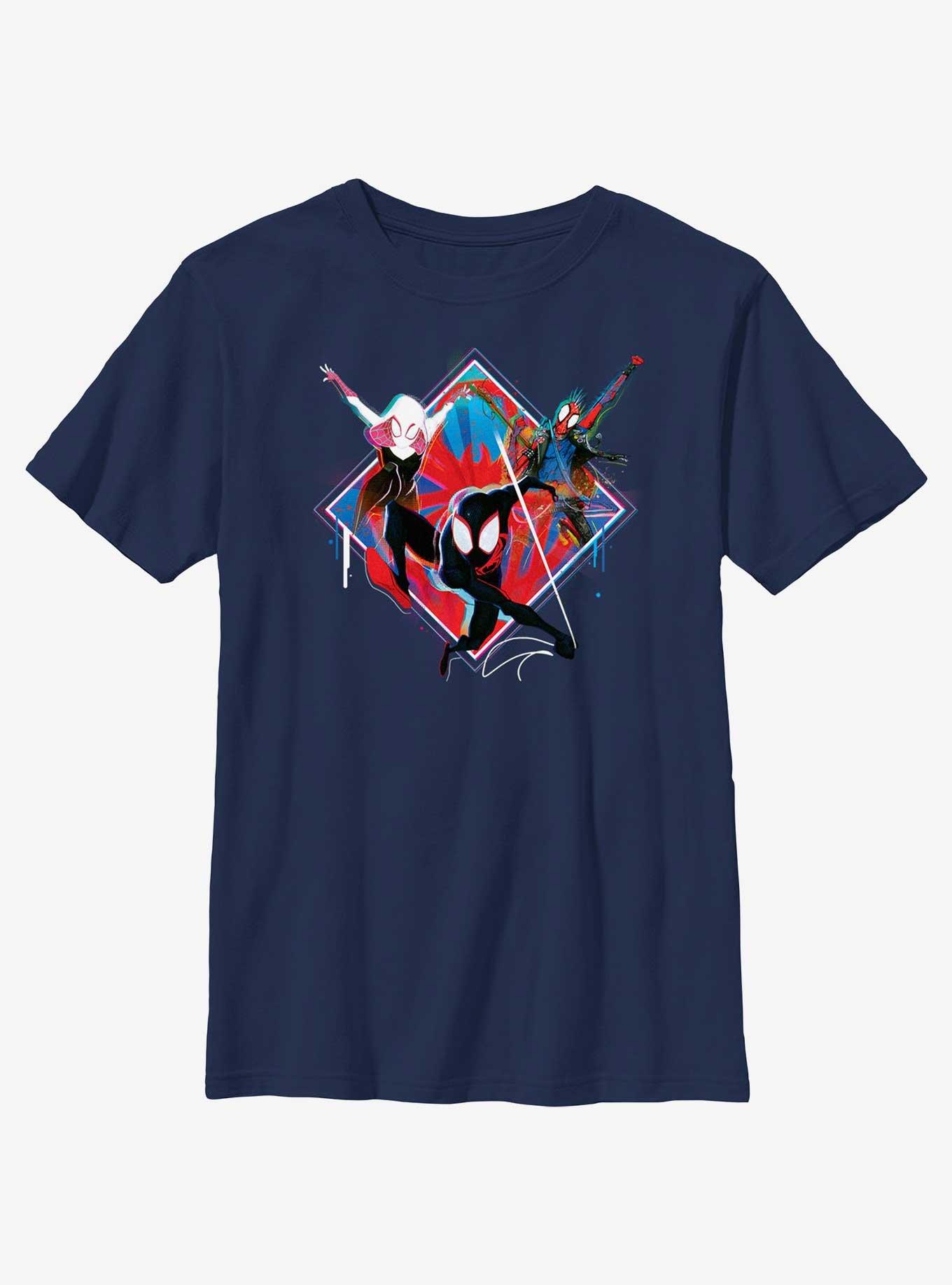 Marvel Spider-Man: Across The Spiderverse Trio Spider-Gwen Miles Morales and Spider-Punk Youth T-Shirt, NAVY, hi-res