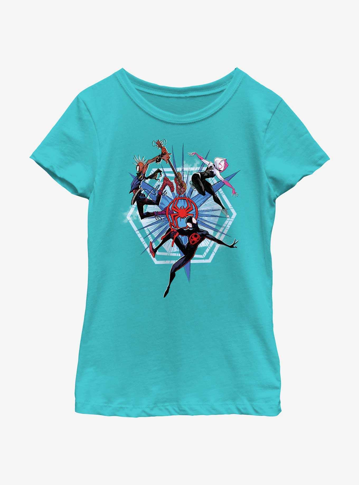 Marvel Spider-Man: Across The Spiderverse Trio Badge Spider-Punk Miles Morales Spider-Gwen Youth Girls T-Shirt, , hi-res