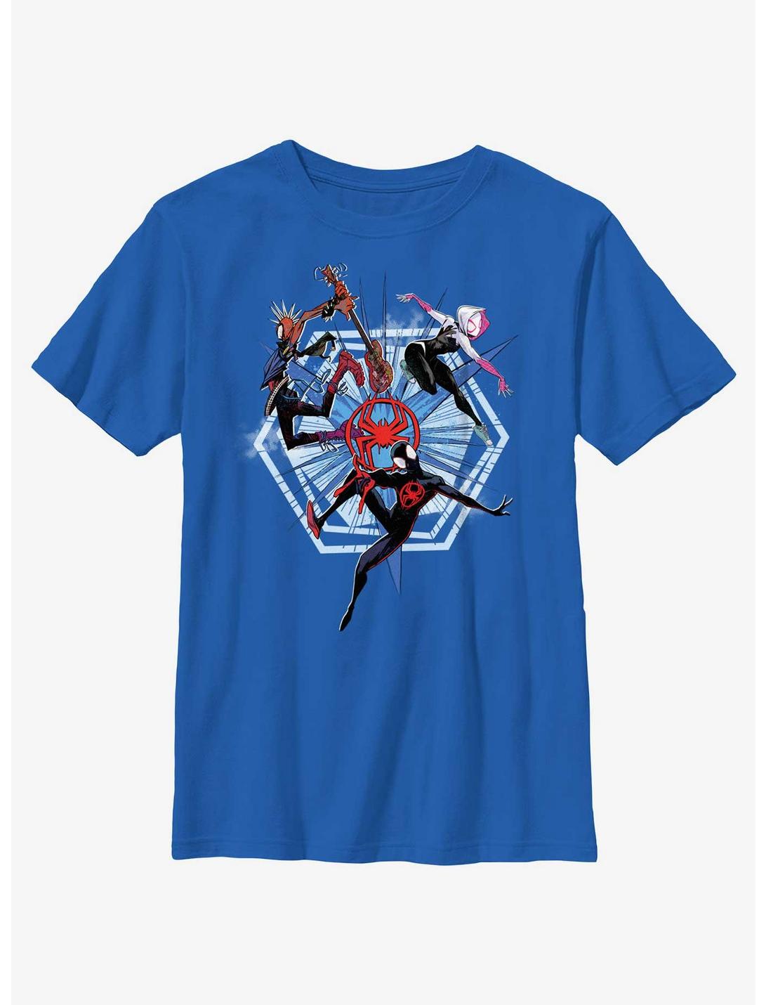 Marvel Spider-Man: Across The Spiderverse Trio Badge Spider-Punk Miles Morales Spider-Gwen Youth T-Shirt, ROYAL, hi-res