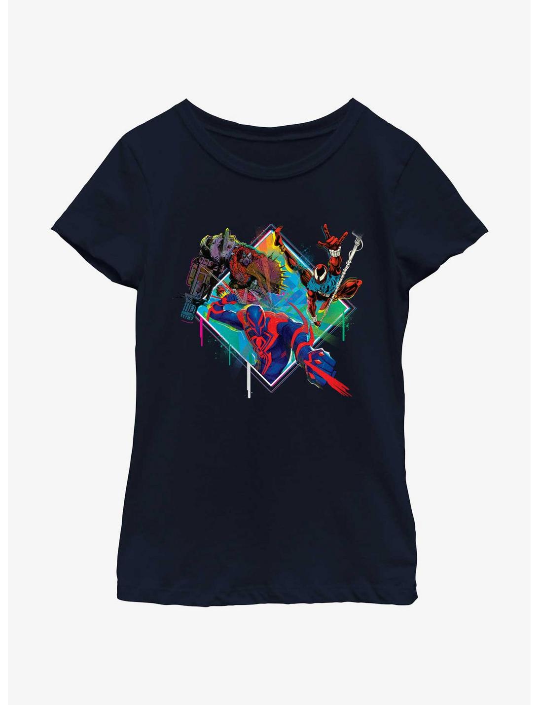 Marvel Spider-Man: Across The Spiderverse Trio Cyborg Scarlet Spider and Miguel O'Hara Badge Youth Girls T-Shirt, NAVY, hi-res