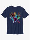 Marvel Spider-Man: Across The Spiderverse Trio Cyborg Scarlet Spider and Miguel O'Hara Badge Youth T-Shirt, NAVY, hi-res