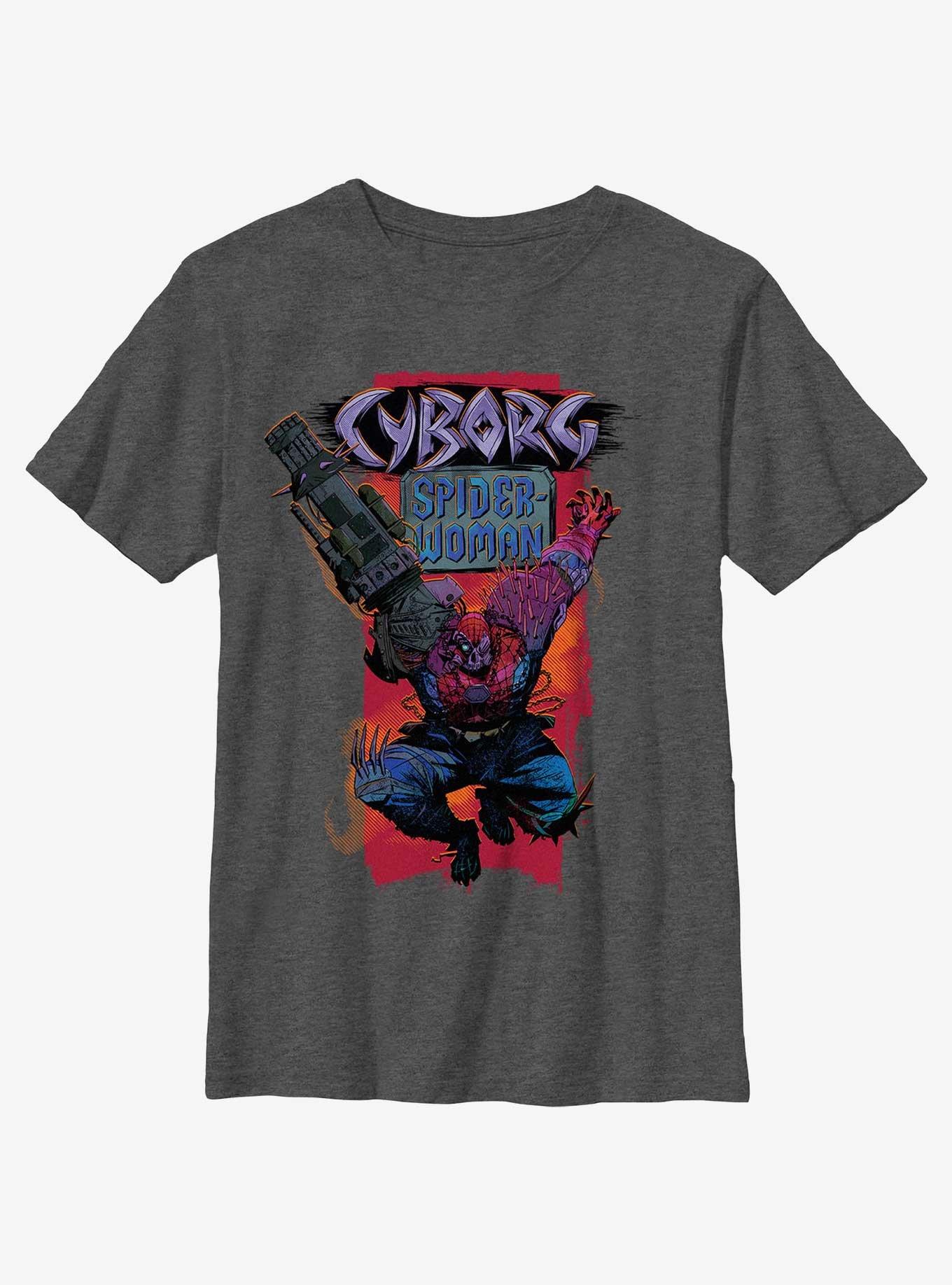 Marvel Spider-Man: Across The Spiderverse Cyborg Spider-Woman Badge Youth T-Shirt, CHAR HTR, hi-res