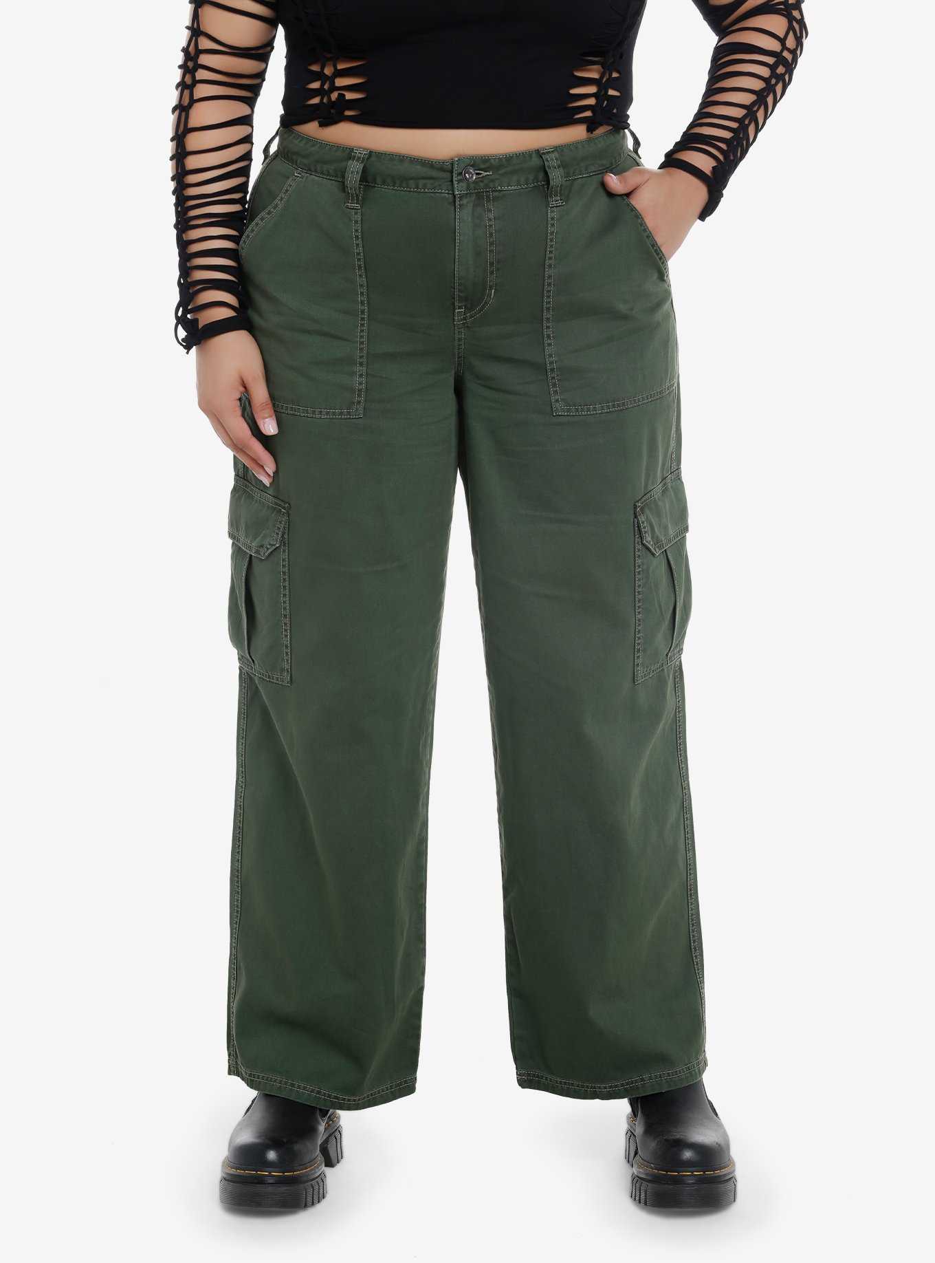 Olive Contrast Stitch Carpenter Pants Plus Size, , hi-res