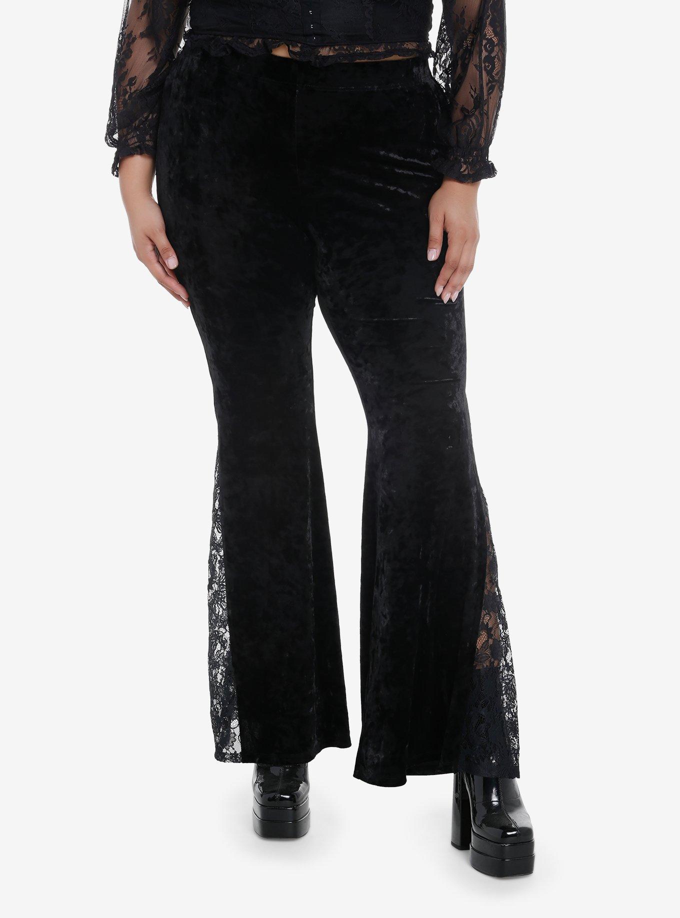 Black Velvet Lace Bell Bottom Leggings Plus Size, , hi-res