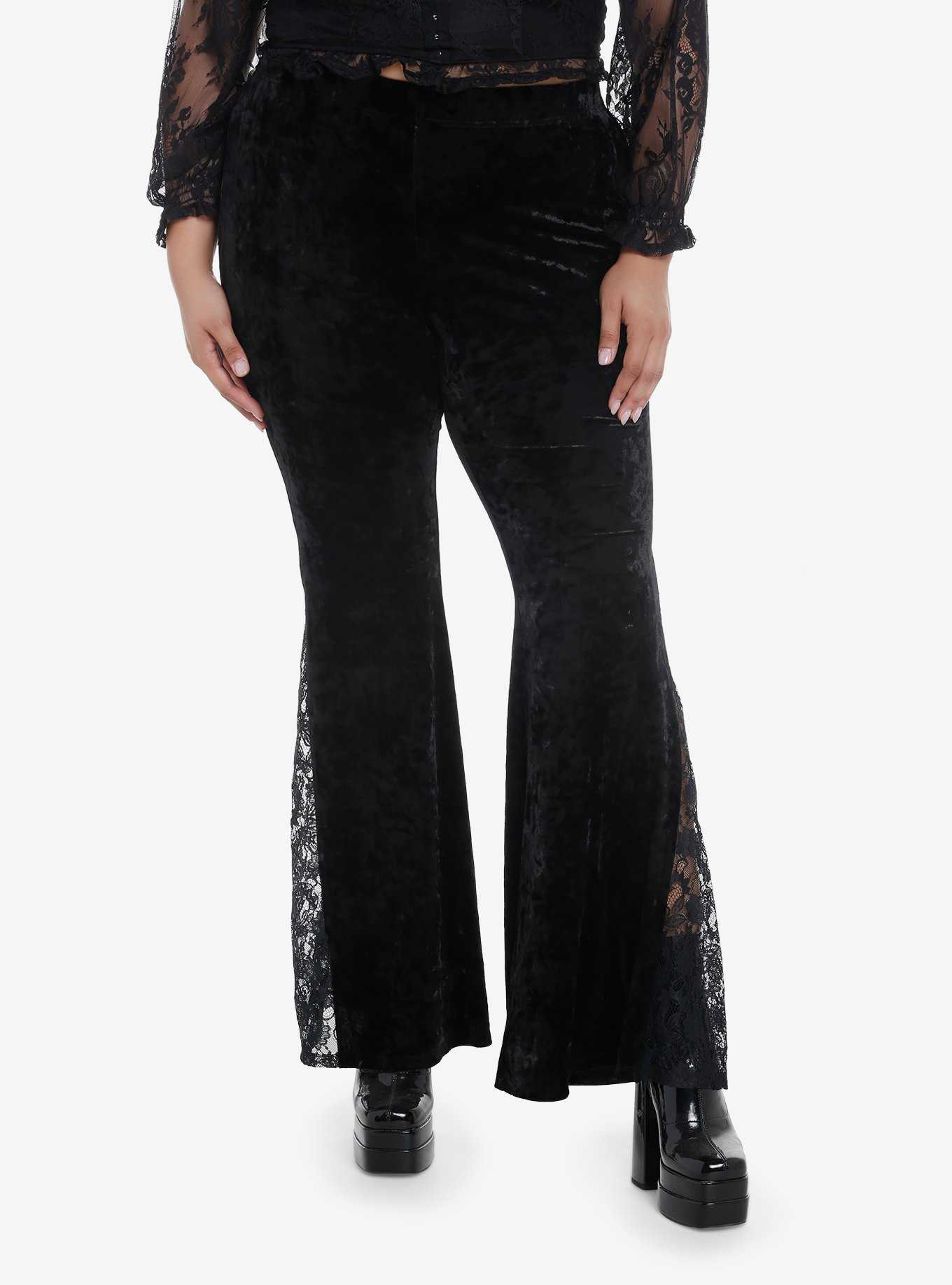 Black Velvet Lace Bell Bottom Leggings Plus Size, , hi-res