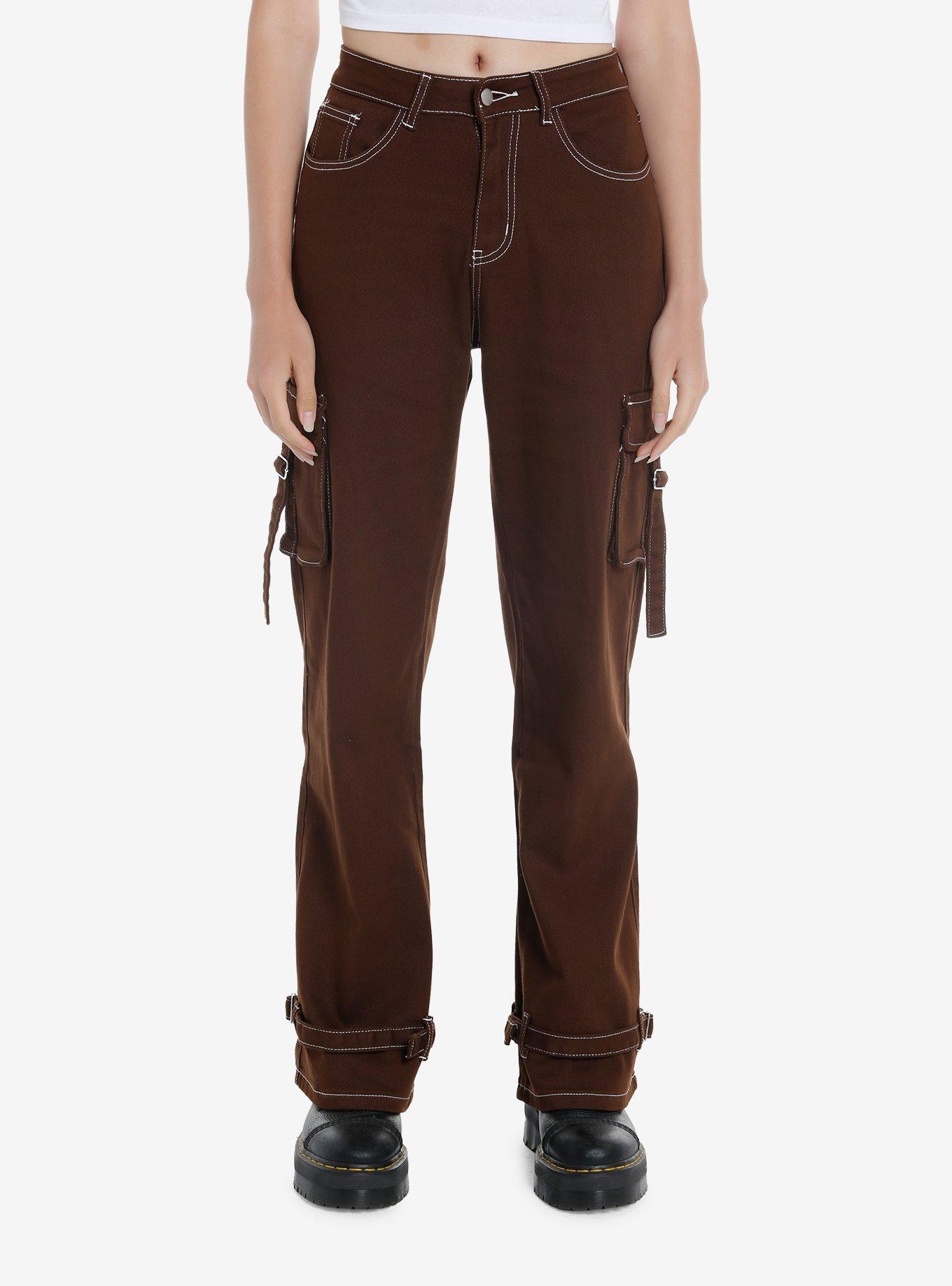 Brown Contrast Stitch Strap Carpenter Pants, BROWN, hi-res