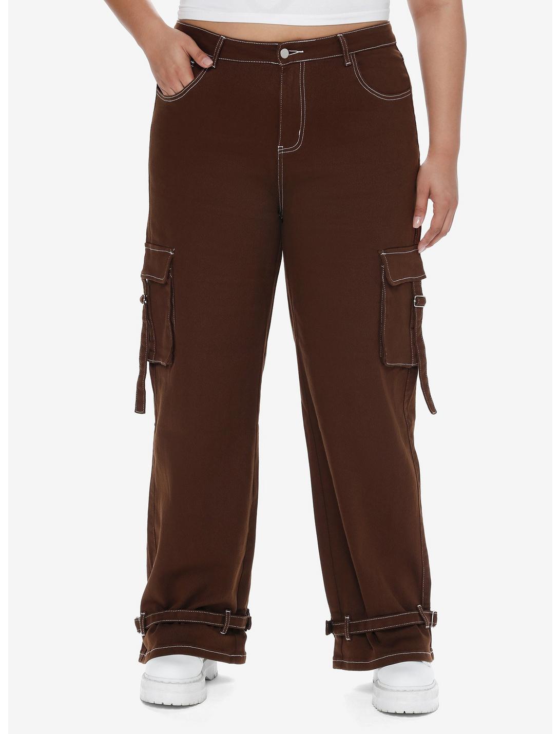 Brown Contrast Stitch Strap Carpenter Pants Plus Size, BROWN, hi-res