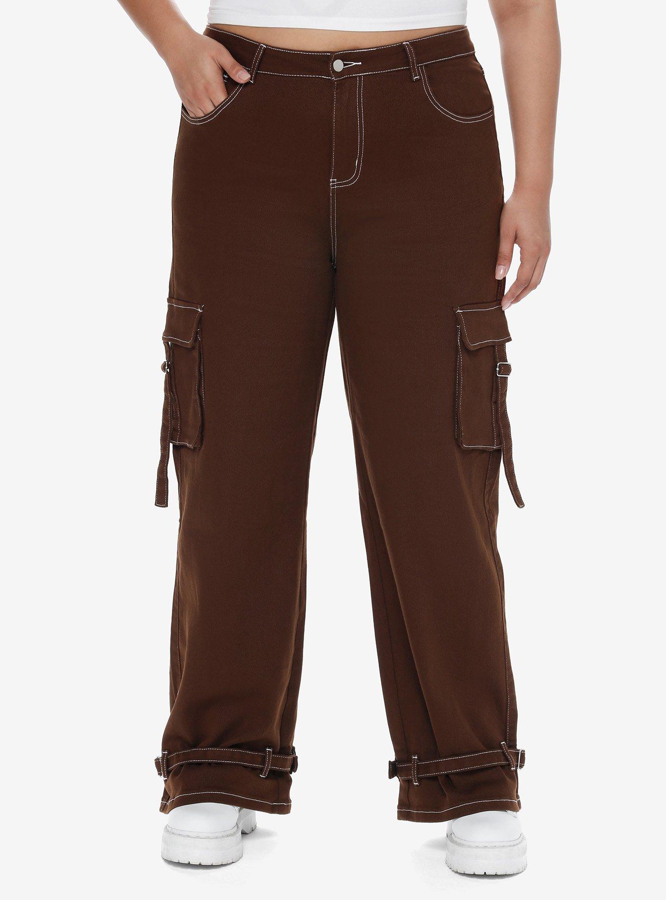 Brown Contrast Stitch Strap Carpenter Pants Plus Size, BROWN, hi-res