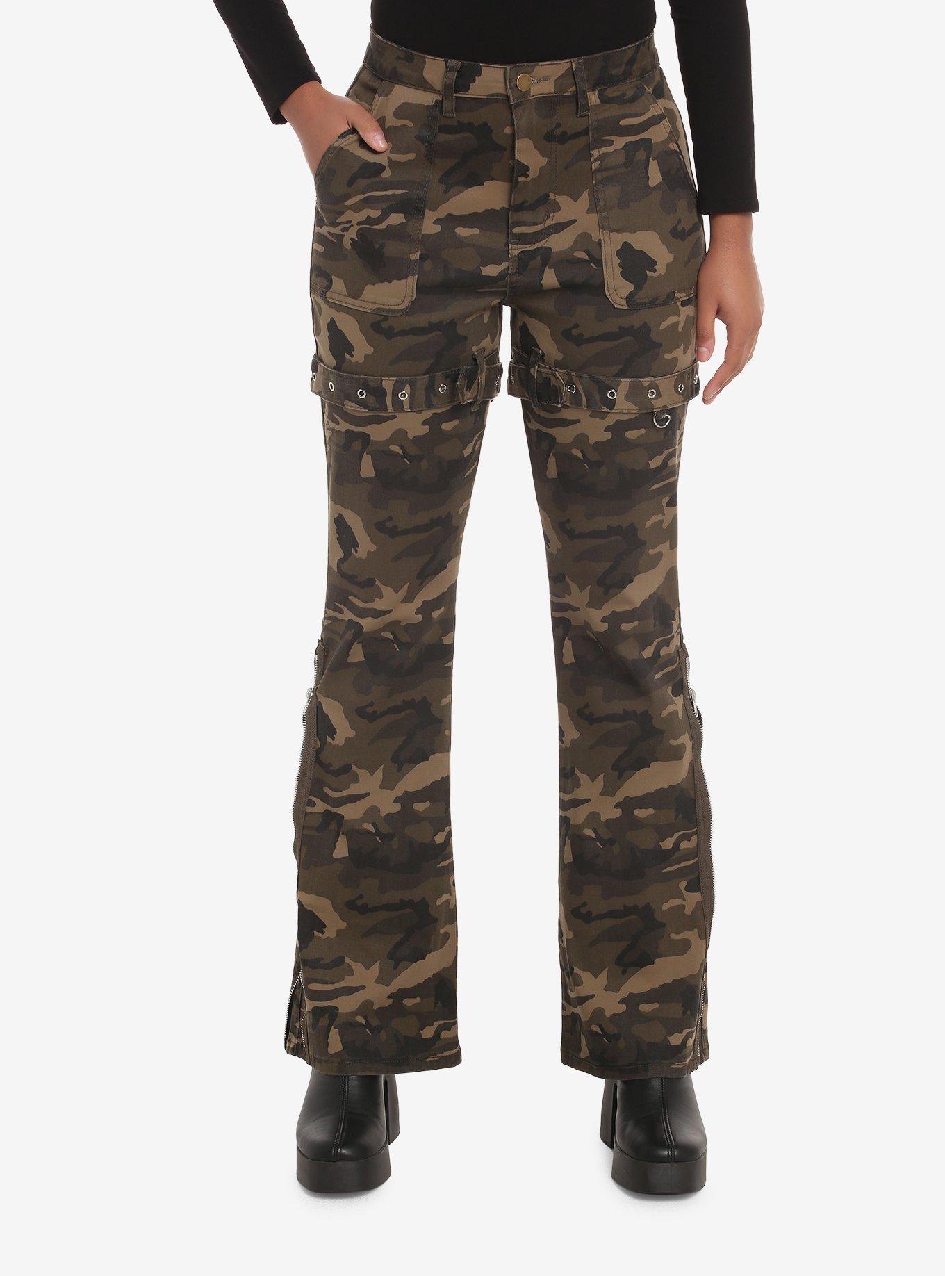 Camo Hardware Zipper Low Rise Flared Pants, BROWN, hi-res