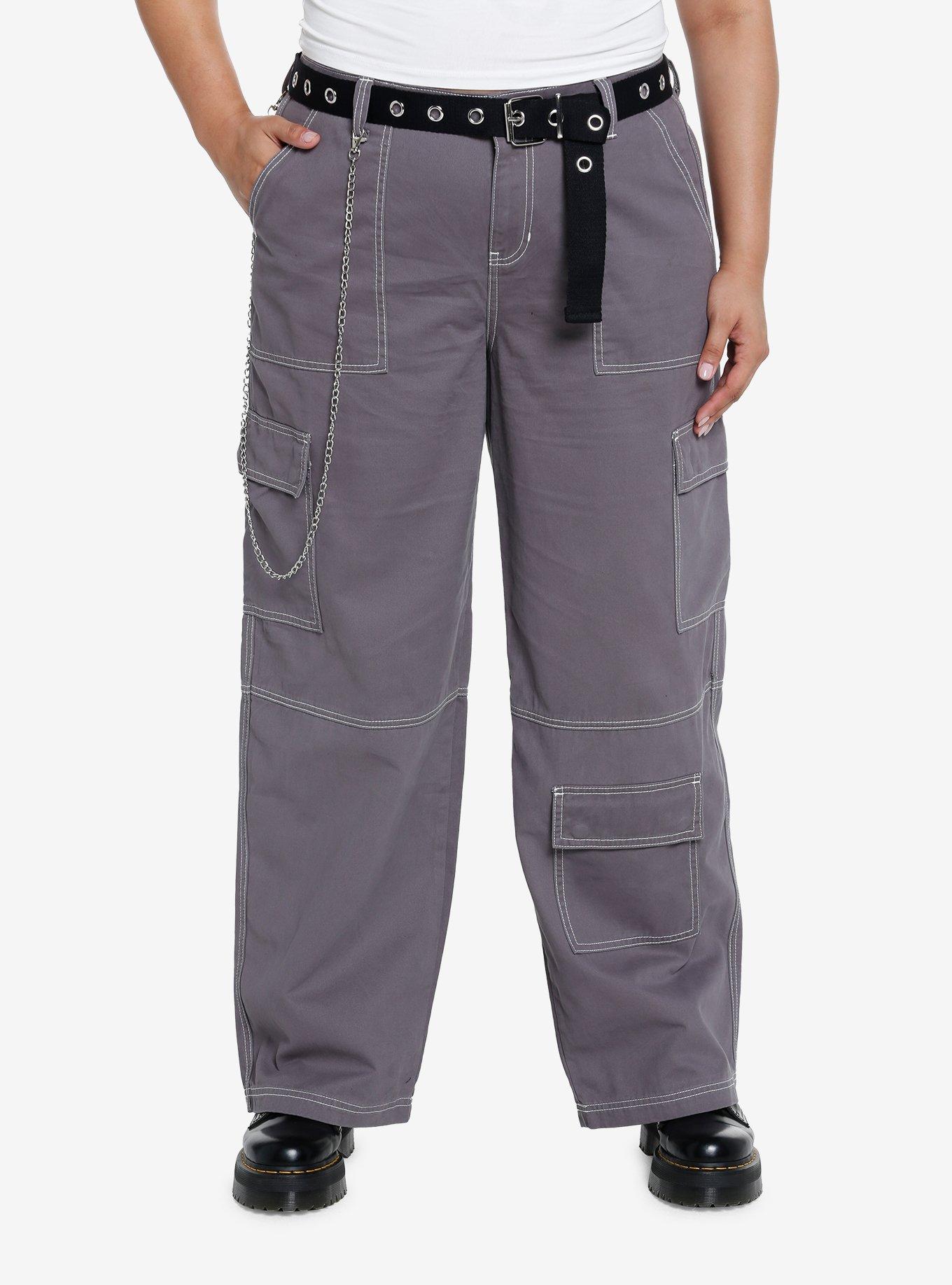 Grey Side Chain Carpenter Pants With Belt Plus Size