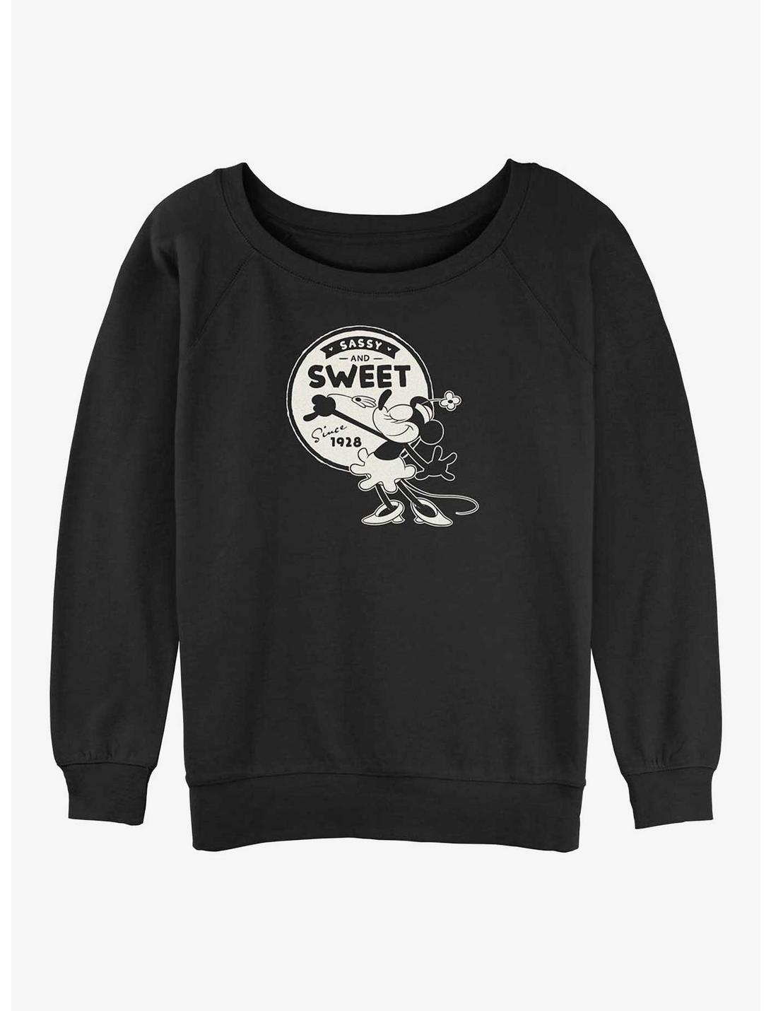 Disney100 Minnie Mouse Sassy And Sweet Since 1928 Womens Slouchy Sweatshirt, BLACK, hi-res