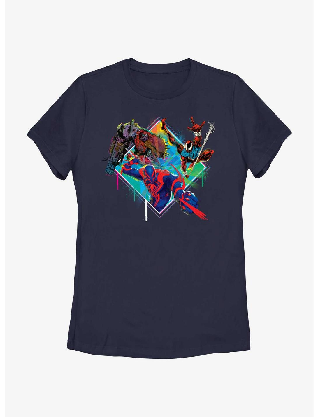 Marvel Spider-Man: Across The Spiderverse Trio Cyborg Scarlet Spider and Miguel O'Hara Badge Womens T-Shirt, NAVY, hi-res