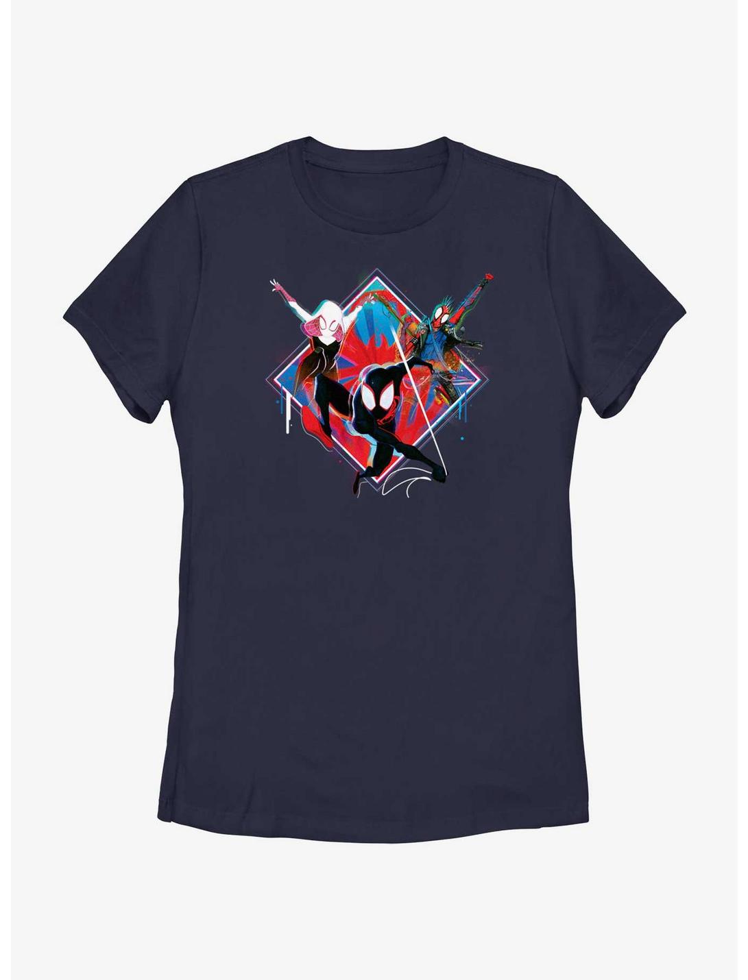 Marvel Spider-Man: Across The Spiderverse Trio Spider-Gwen Miles Morales and Spider-Punk Womens T-Shirt, NAVY, hi-res