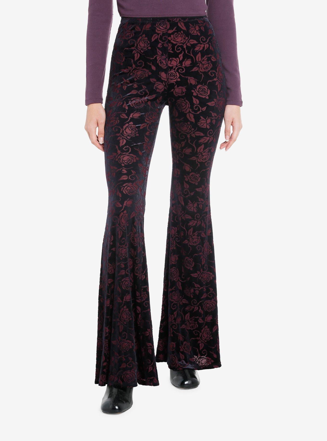 Black & Red Floral Velvet Bell Bottom Leggings, , hi-res