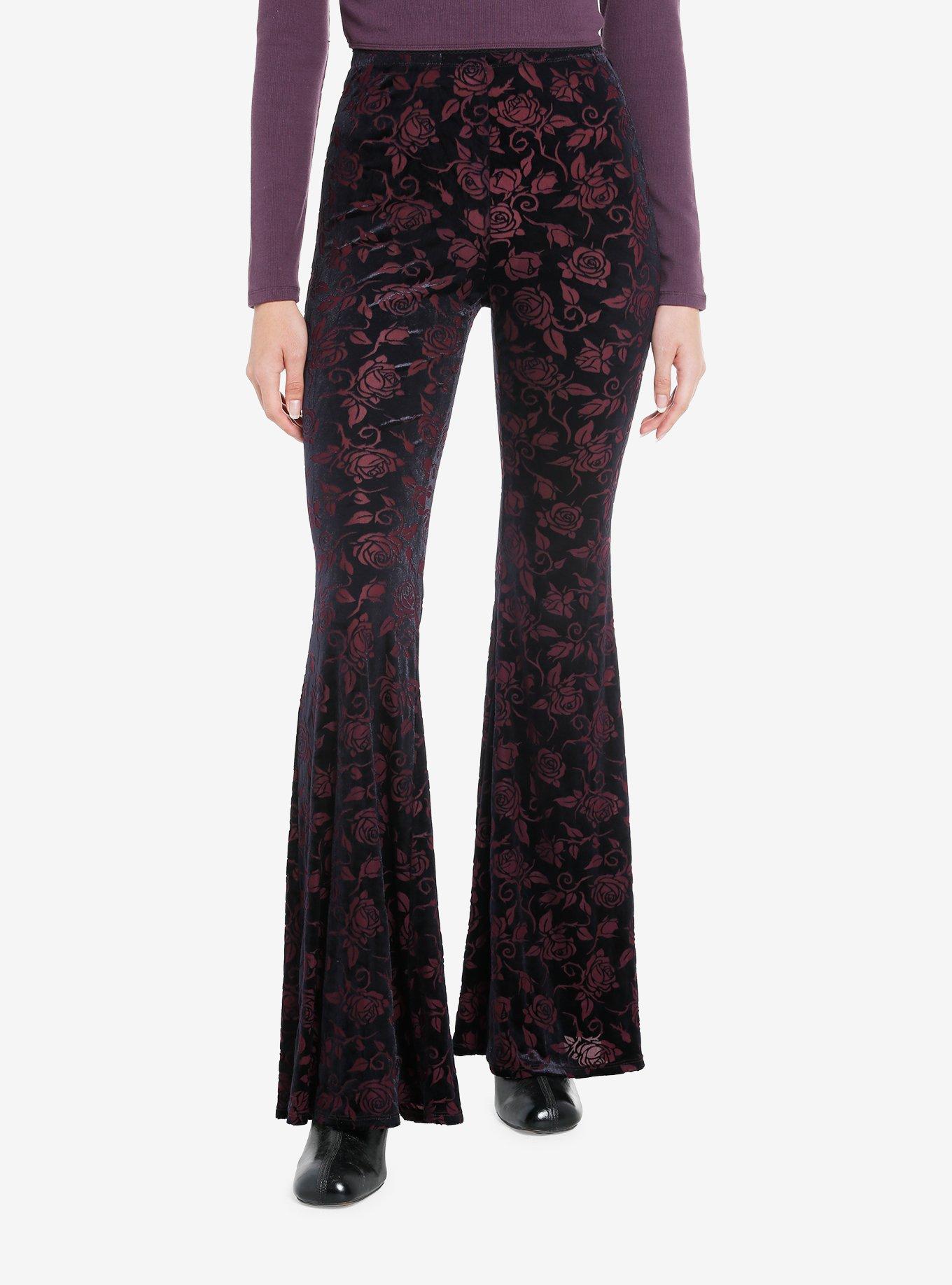 Hot Topic Black & Red Floral Velvet Bell Bottom Leggings Plus