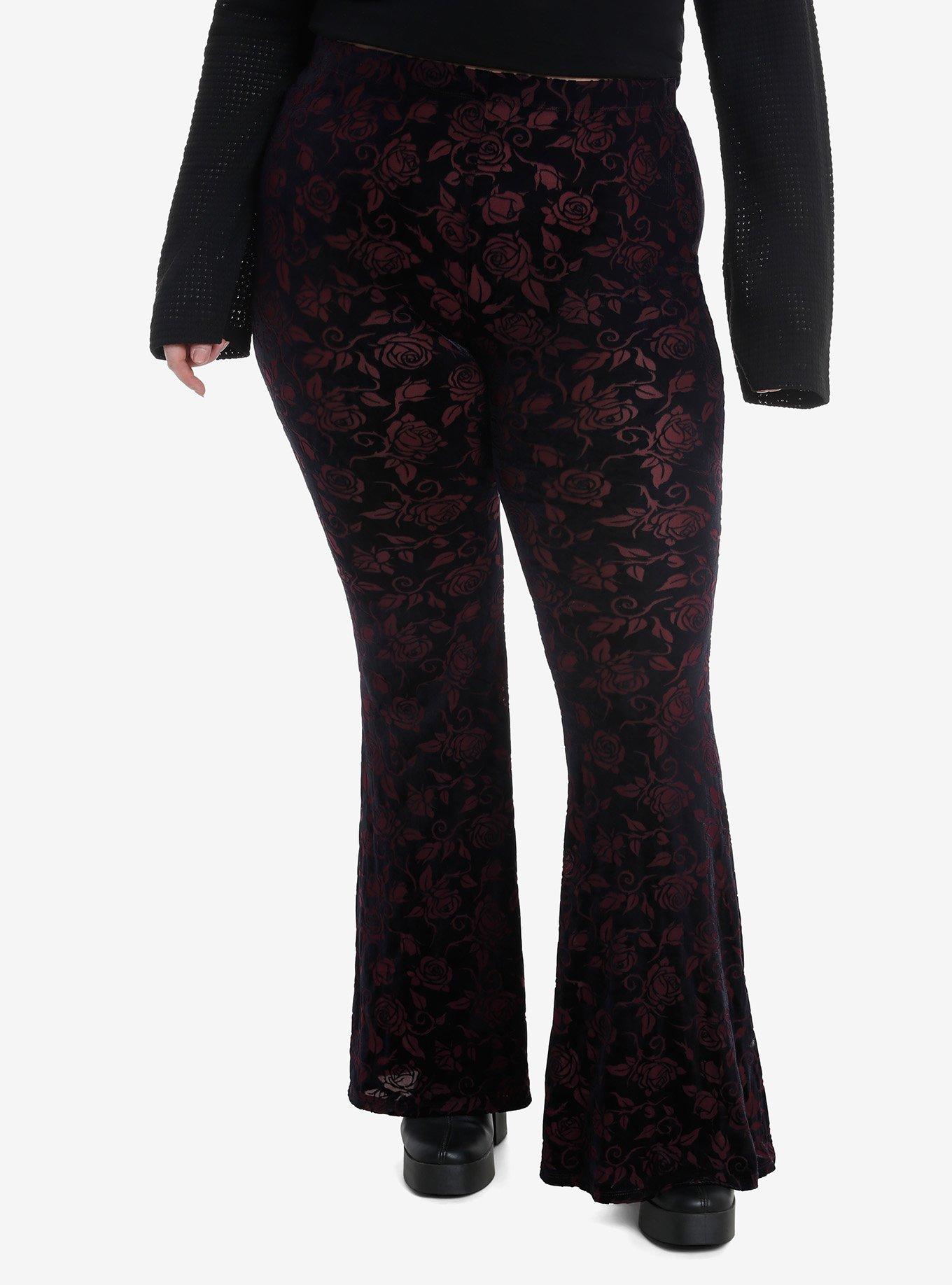 Black & Red Floral Velvet Bell Bottom Leggings Plus Size, RED, hi-res