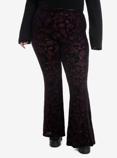 Black & Red Floral Velvet Bell Bottom Leggings Plus Size | Hot Topic