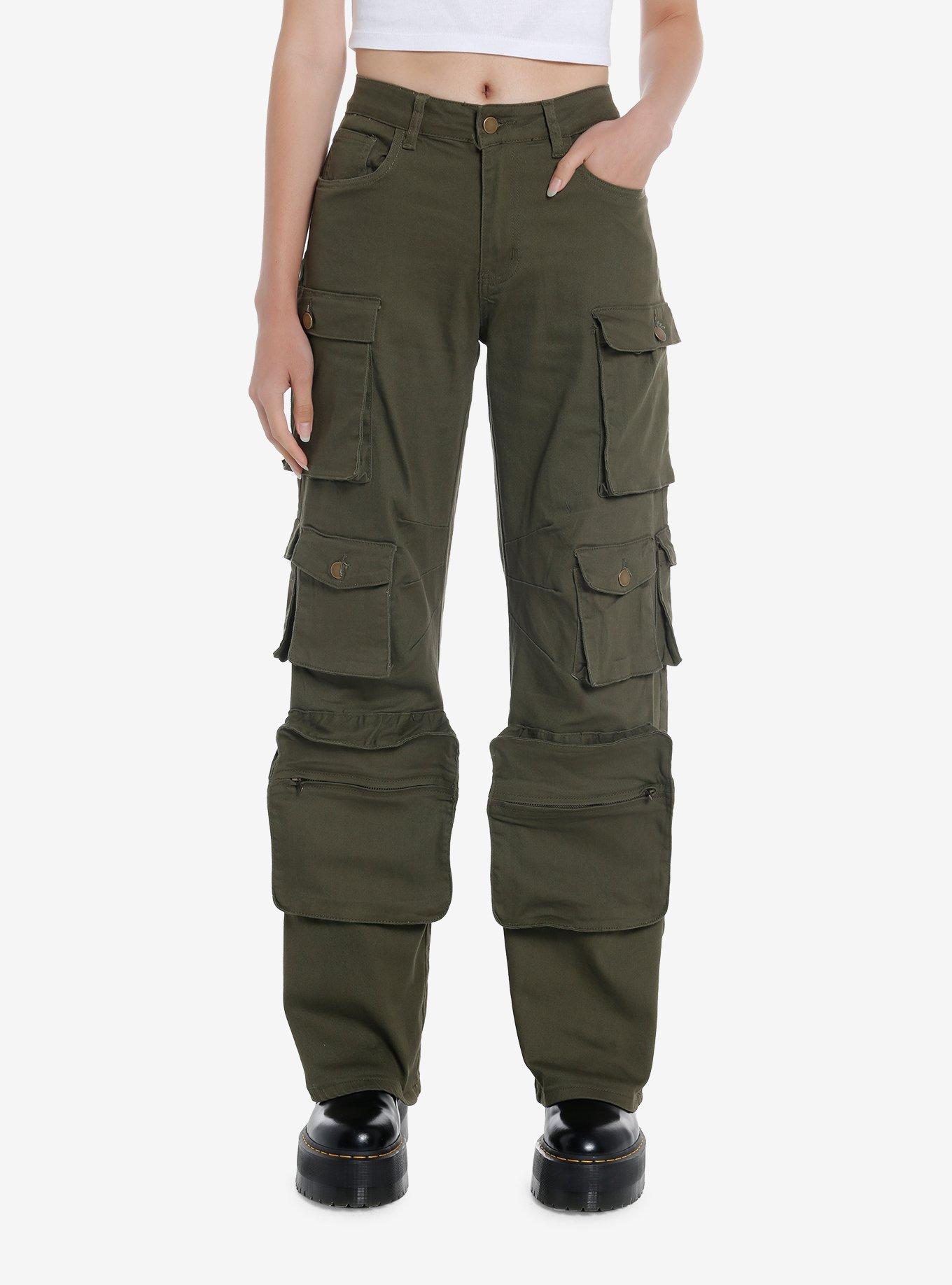 Olive Green Multi-Pocket Girls Cargo Pants, GREEN, hi-res