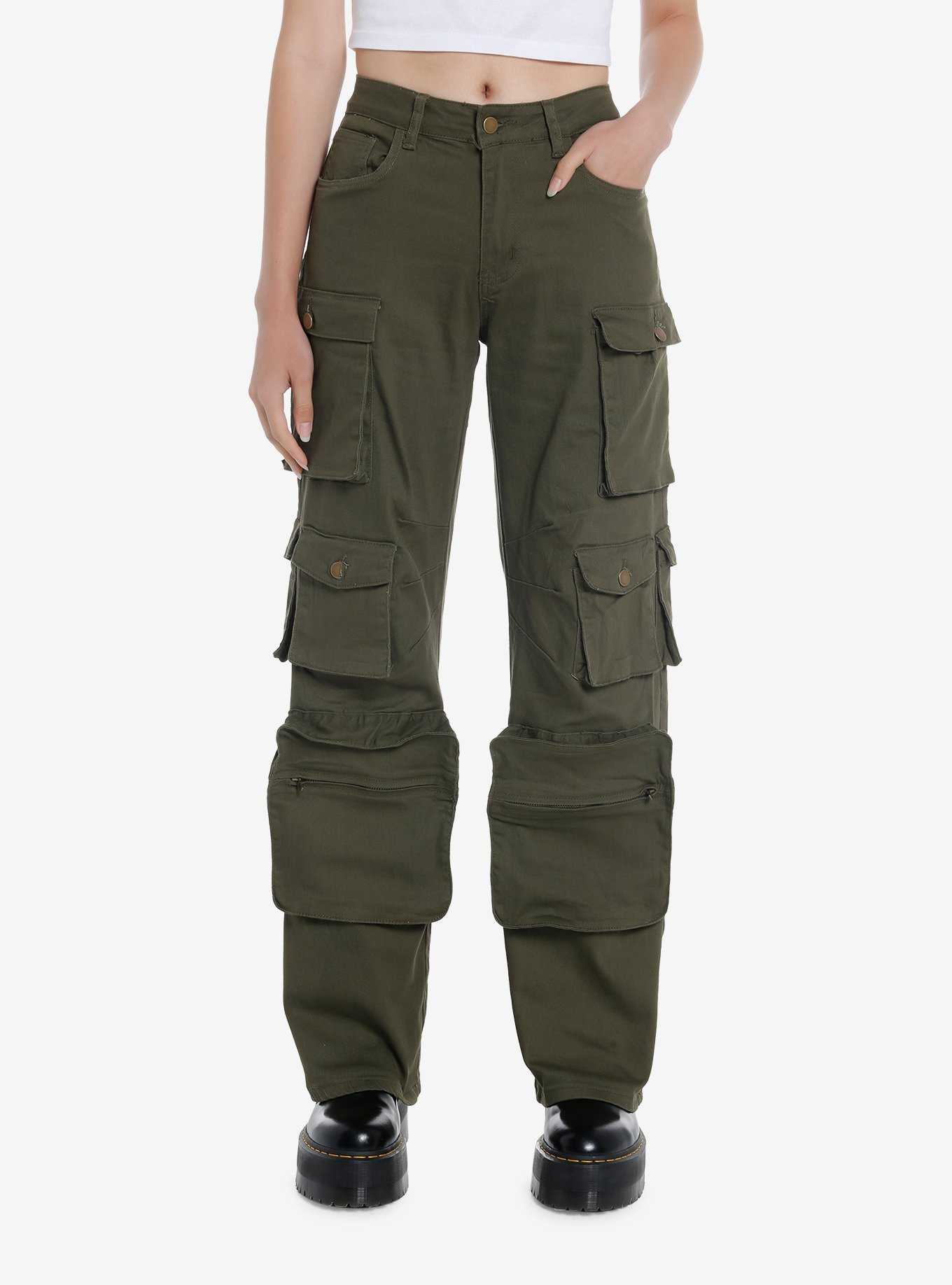 Olive Green Multi-Pocket Girls Cargo Pants, , hi-res