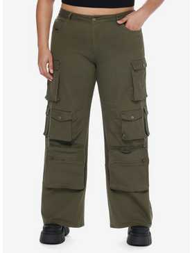 Olive Green Multi-Pocket Girls Cargo Pants Plus Size, , hi-res