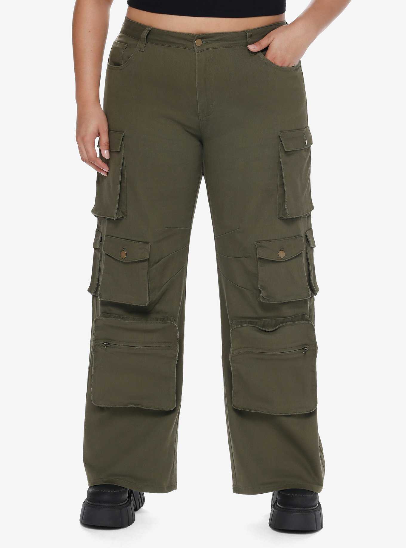 Olive Green Multi-Pocket Girls Cargo Pants Plus Size, , hi-res