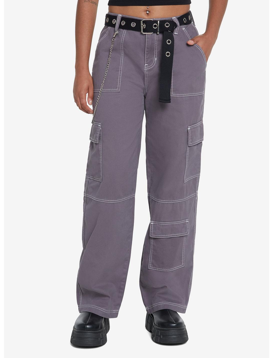 Grey Side Chain Carpenter Pants With Belt, GREY, hi-res