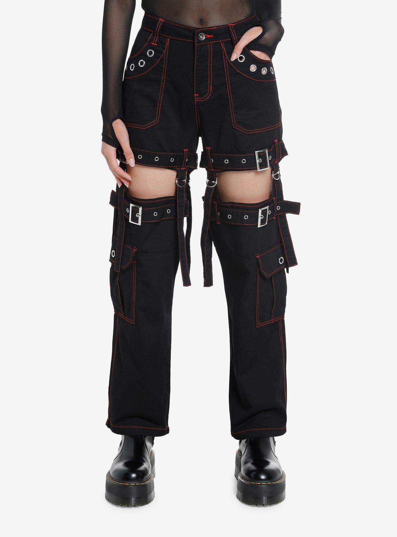 Hot Topic Social Collision Black & Red Grommet Strap Carpenter Pants