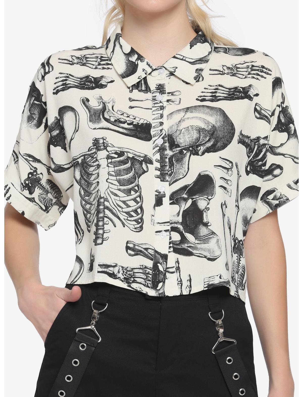 Anatomical Skeleton Sepia Boxy Girls Crop Woven Button-Up | Hot Topic