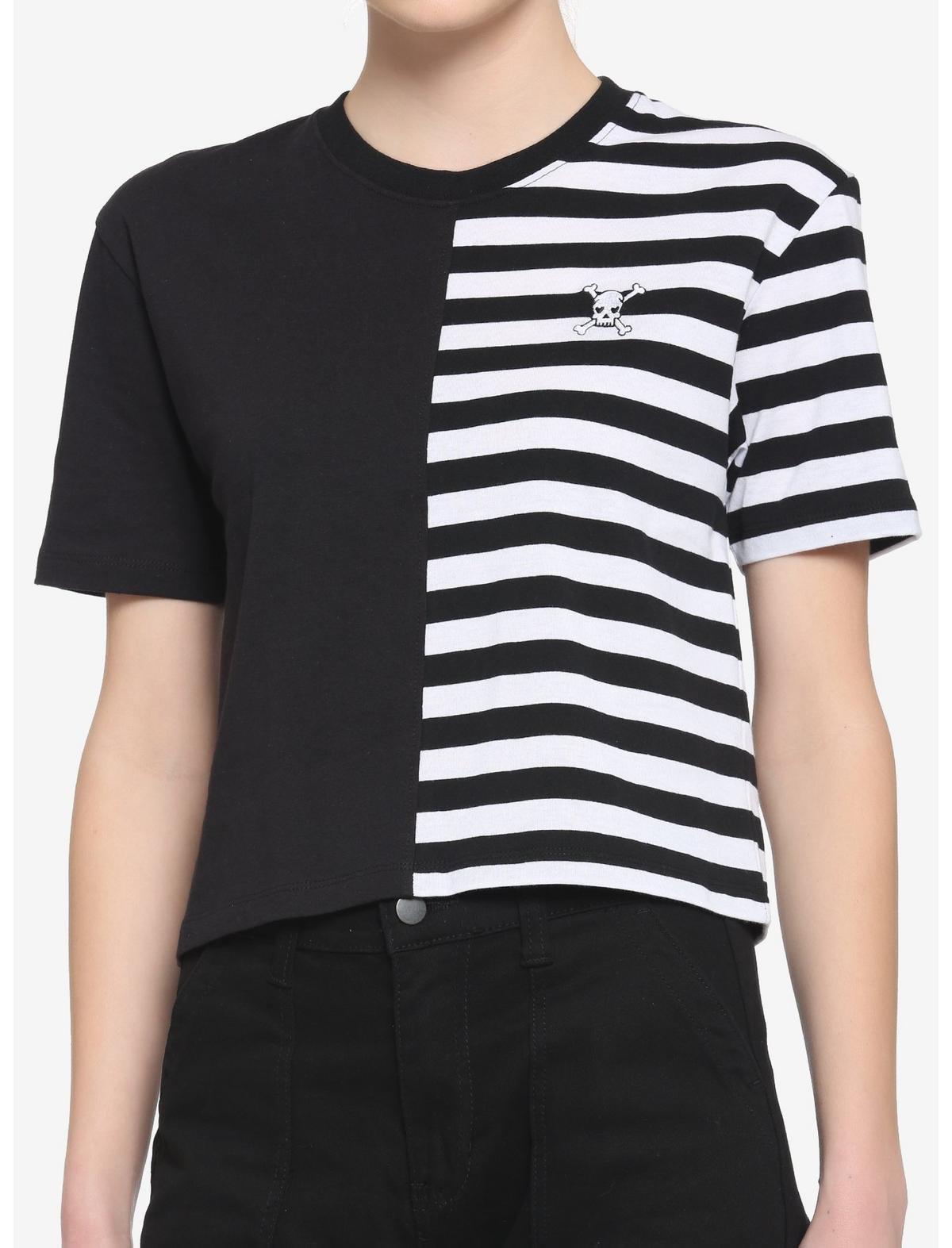 Black & White Stripe Split Girls Boxy Crop T-Shirt