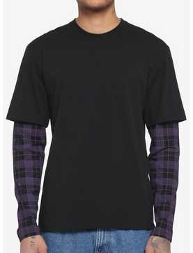 Black & Purple Plaid Sleeve Twofer Long-Sleeve T-Shirt, , hi-res