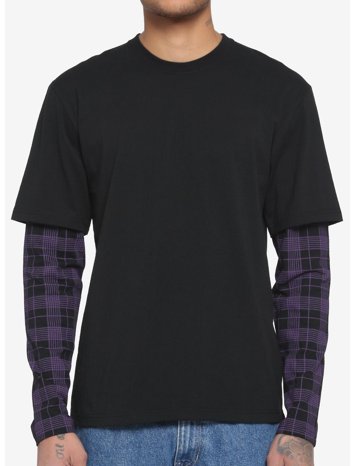 Black & Purple Plaid Sleeve Twofer Long-Sleeve T-Shirt, PURPLE  BLACK, hi-res
