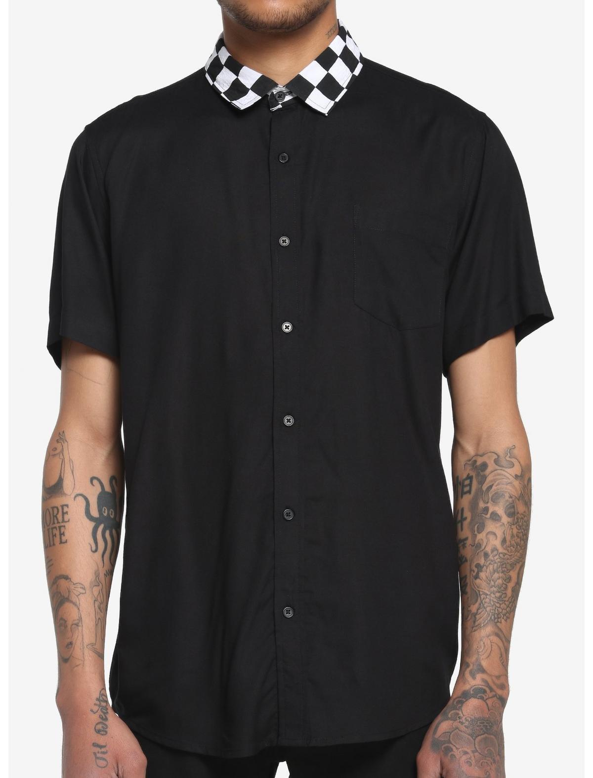 Black & White Checkered Collar Woven Button-Up, , hi-res
