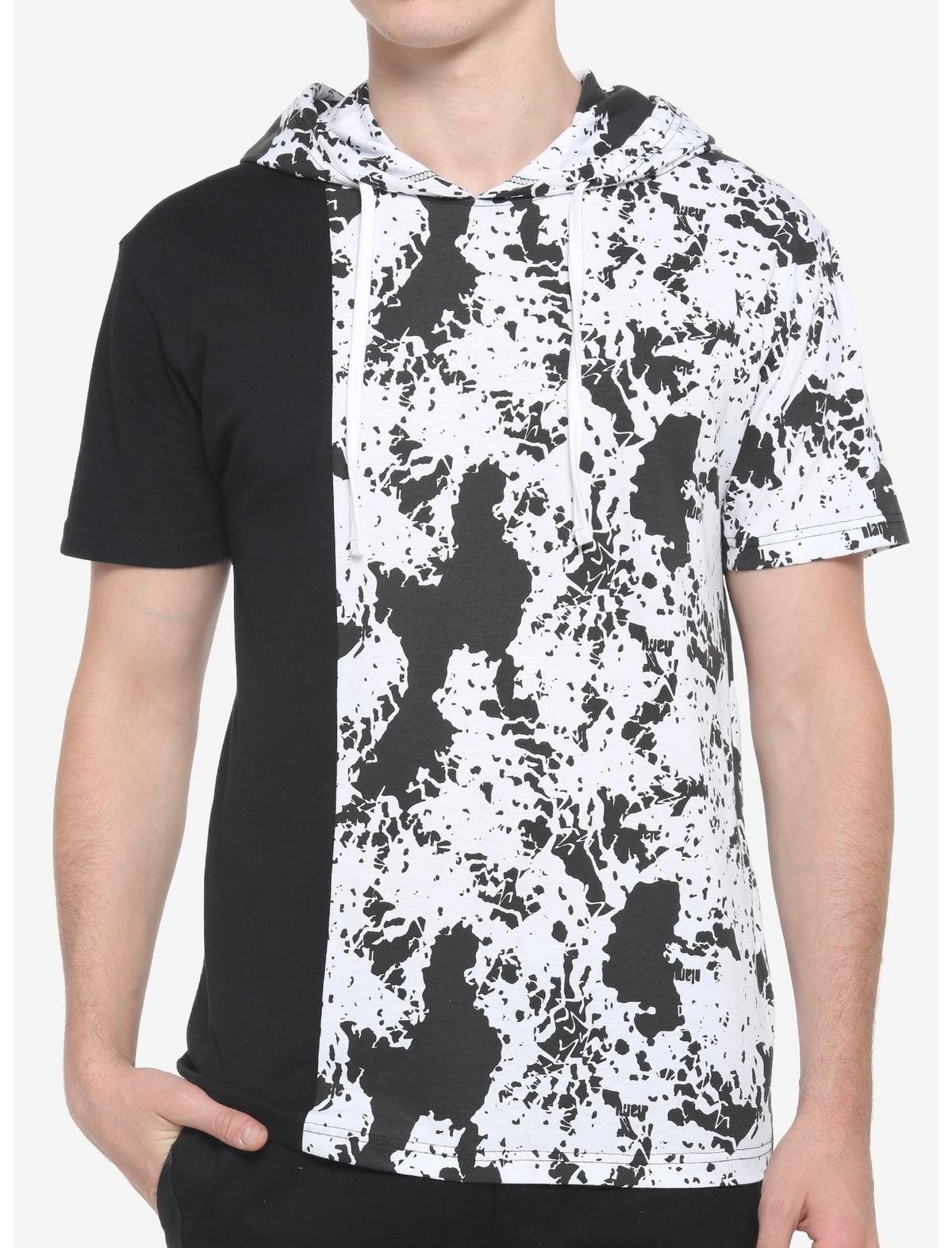 Black & White Splatter Split Short-Sleeve Hoodie, BLACK-WHITE, hi-res