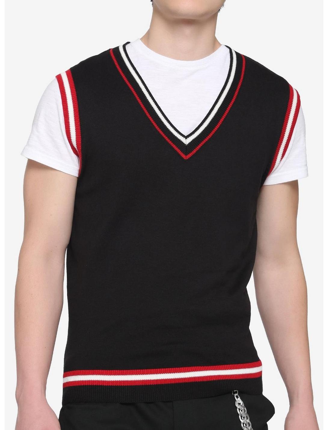 Black Red & White Contrast Knit Vest, RED  WHITE  BLACK, hi-res